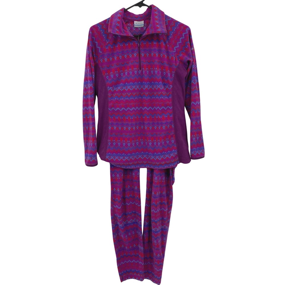 Columbia Women Fleece Set 1/4 Zip Pullover & Pants Purple Fair Isle Aztec Size M
